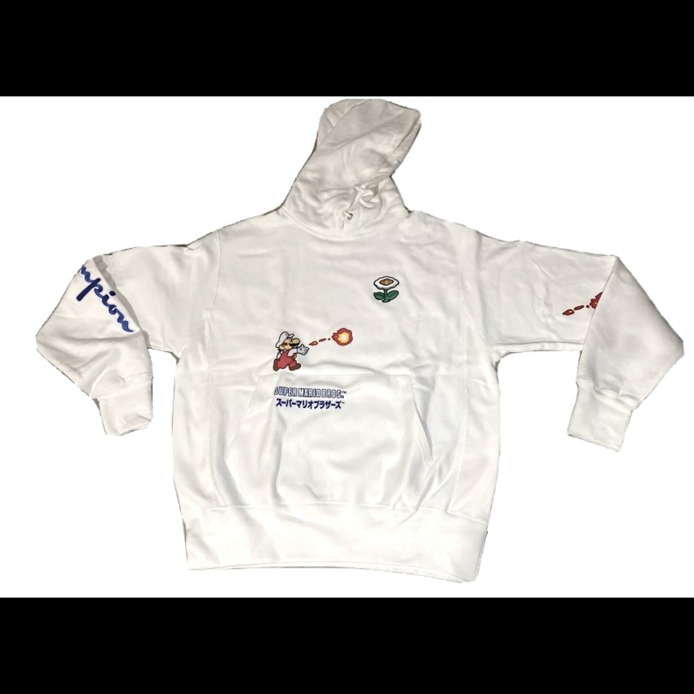 Champion X Super Mario Bros Hoodie Fire Mario Medium Limited  Rare BONUS FIGURE